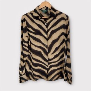 Ralph Lauren Zebra Print 100% Silk Button Down Shirt - Black and Tan